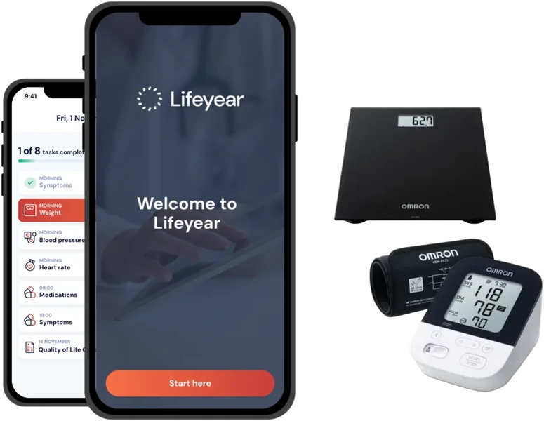 Lifeyear patient app on a phone with a connected scale and blood pressure monitor